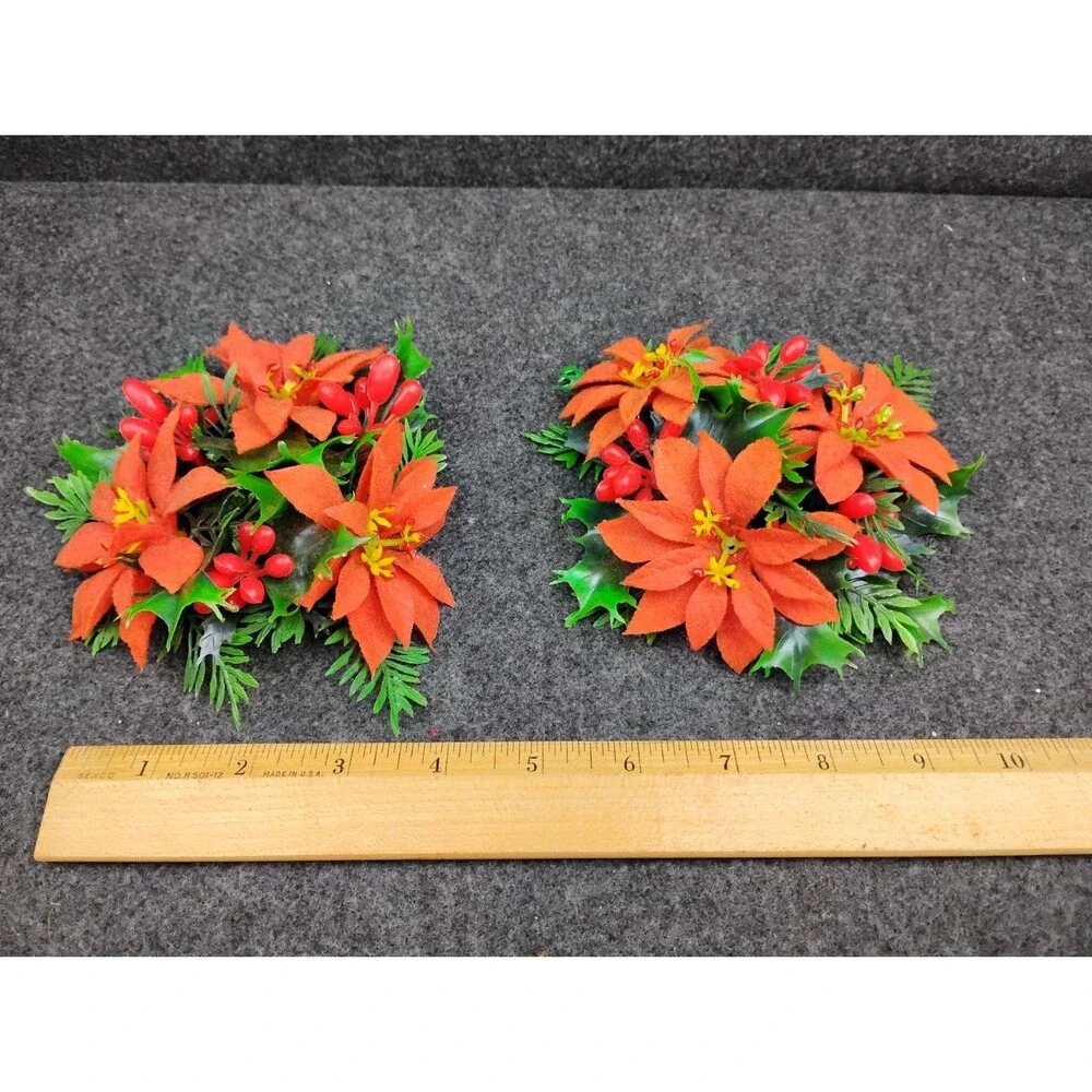 2 Vintage Plastic Flowers Christmas Candle Wreath Poinsettias Holly Berries
